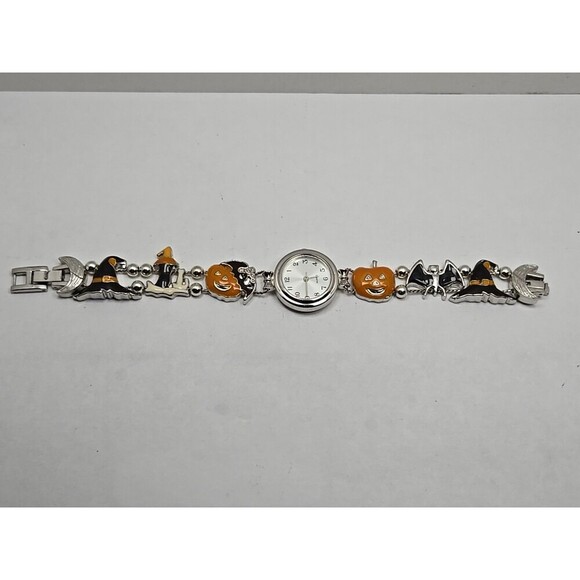 Halloween Charm Bracelet Watch Quartz New Battery Bats Pumpkins Black Hat Silver - Picture 8 of 13